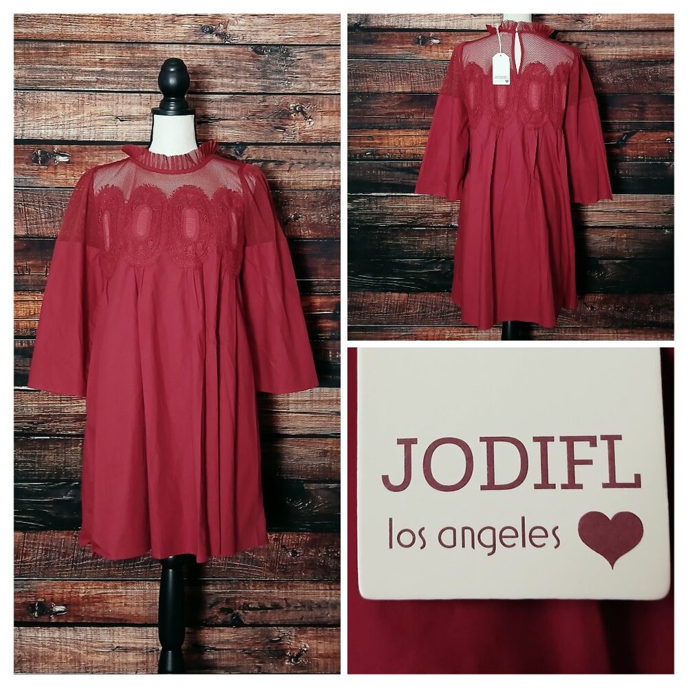 NWT Jodifl Shift Dress S Red Crochet Medallion Mesh Ruffle High Neck 100% Cotton